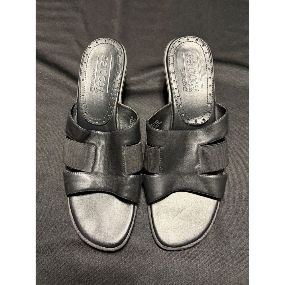 Aerology by Aerosoles Taylor Black Leather Slide Sandals Comfort Heel 9M EUC